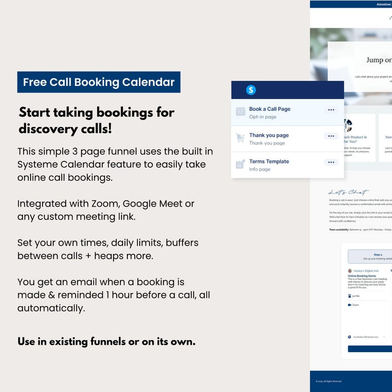 Free discovery call booking funnel for Systeme.io with a clean booking page, thank you page, and terms template. Shows integrated calendar scheduling with Zoom or Google Meet links. Designed for coaches offering free calls and wanting automated reminders and a professional, coastal-styled funnel.