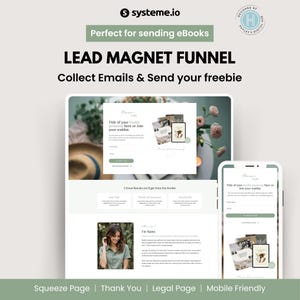 Op de afbeelding: Een digitaal marketing lead magnet funnel ontwerp, weergegeven op een tablet en smartphone. Het ontwerp bevat de tekst "LEAD MAGNET FUNNEL" en "Collect Emails & Send your freebie". Het ontwerp is mobielvriendelijk.