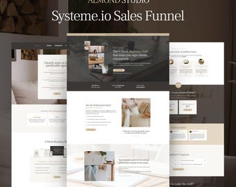 Systeme.io-verkooptrechtersjabloon. Redactionele stijl voor de verkoop van digitale producten en services. Beige, zwart, amandel bestemmingspagina ontwerpsysteem