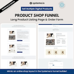 May include: A digital marketing product shop funnel layout with the text "Sell Multiple Digital Products" and "Product Shop Funnel". The image shows a website layout with course listings and an order form. The Systeme.io logo is visible.
