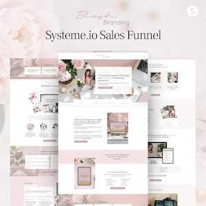 Blush-branding van Systeme.io trechtersjabloon. Verkooppagina. Aanmelden. Bump bestellen. Up-sell. Digitale marketing. Trainers. Serviceprovider Pink Systeme
