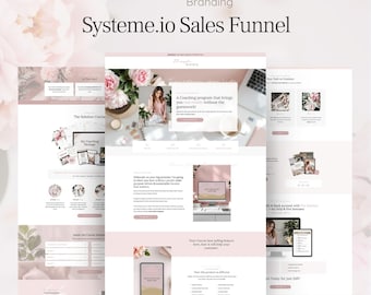 Modèle d'entonnoir de conversion Systeme.io pour marque Blush. Page de vente. Inscription. Augmentation de la commande. Vente incitative. Marketing numérique. Entraîneurs. Prestataire de services Pink Systeme