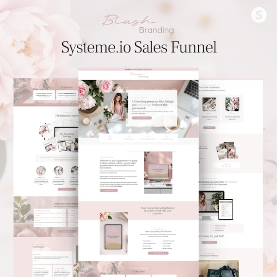 Blush Branding Systeme.io Funnel Template. Sales Page. Opt-In. Order Bump. Upsell. Digital Marketing. Coaches. Service Provider Pink Systeme