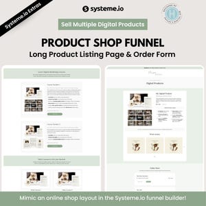 Può includere: Grafica di marketing digitale con il testo "Vendi più prodotti digitali" e "Product Shop Funnel". L'immagine mostra mockup di una pagina di elenco prodotti lunga e un modulo d'ordine. Il logo Systeme.io è visibile.