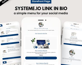 Könnte beinhalten: Eine digitale Marketinggrafik mit drei Smartphones, die eine Website-Oberfläche anzeigen. Der Text auf dem Bild lautet "SYSTEME.IO LINK IN BIO a simple menu for your social media". Das Bild enthält auch den Text "Storefront Page".