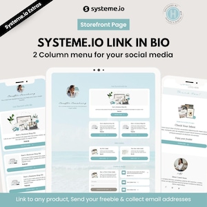 May include: A digital storefront page template for Systeme.io displayed on three mobile devices. The layout features a two-column menu, profile images, product listings, and email collection forms in a light blue and white color scheme.