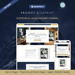 May include: A digital marketing project blueprint displayed on a laptop and smartphone. The design features the Systeme.io logo, the text "Project Blueprint," and the phrase "Grab this no-nonsense guide built to help you get results faster this year."
