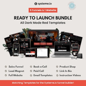 May include: A digital marketing bundle with the text "READY TO LAUNCH BUNDLE" and "All Dark Mode Red Templates." The image showcases various devices displaying website templates, including a laptop, tablet, and smartphone. Features include sales funnels, lead magnets, and product shops.