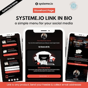 Pode incluir: Gráfico de marketing digital com três telas de smartphone exibindo uma interface de site. As telas mostram um menu, um kit de loja de negócios e uma página de agradecimento. O texto inclui "Systeme.io Link in Bio" e "Storefront Page."