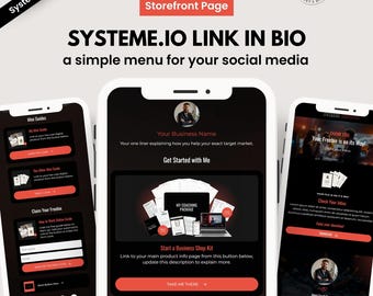 Könnte beinhalten: Eine digitale Marketinggrafik mit drei Smartphone-Bildschirmen, die eine Website-Oberfläche anzeigen. Die Bildschirme zeigen ein Menü, einen Business-Shop-Kit und eine Dankesseite. Der Text enthält "Systeme.io Link in Bio" und "Storefront Page."