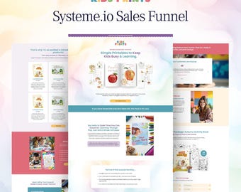 Systeme.io キッズファネルテンプレート、デジタル製品用の印刷可能な子供向けアクティビティランディングページ、Systeme の注文フォームとアップセル