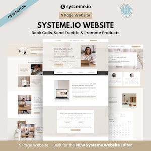 Könnte beinhalten: Eine digitale 9-seitige Website-Vorlage für systeme.io in einer neutralen beige-weißen Farbpalette. Das Layout enthält Abschnitte für die Buchung von Anrufen, den Versand von Freebies und die Produktwerbung mit Textüberschriften.