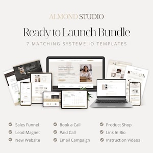 May include: A digital product bundle titled Almond Studio Ready to Launch Bundle featuring 7 matching Systeme.io templates displayed on various devices including a laptop, tablets, and smartphones, with a list of features like Sales Funnel and Lead Magnet.