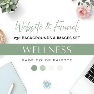 May include: A flat lay featuring a sage green color palette with the words "Website & Funnel" and "230 Backgrounds & Images Set". The word "Wellness" is displayed in a larger font. A laptop, notebook, and succulent are also visible.