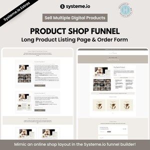 May include: A digital marketing graphic promoting a product shop funnel. The design features two website mockups showcasing product listings and order forms. Text includes "Sell Multiple Digital Products" and "Product Shop Funnel". The Systeme.io logo is visible.