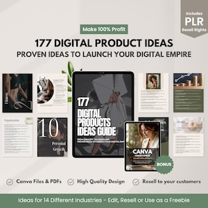 May include: A digital product ideas guide with 177 proven ideas to launch a digital empire. The guide includes a variety of topics, such as fitness, organization, personal growth, and health. The guide is available in Canva files and PDFs and includes high-quality design. The guide is also available for resale to customers.