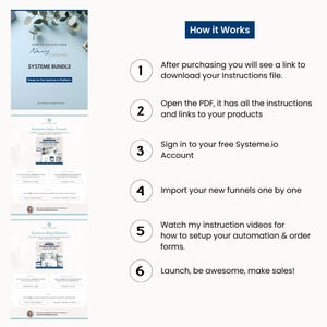 How it works guide for accessing and installing the Navy Coaching Systeme.io bundle. Includes numbered steps for downloading the PDF, logging in, importing funnels, watching setup videos, and launching. Features previews of instruction PDFs and sales funnel pages. Perfect for beginners using Systeme.io.