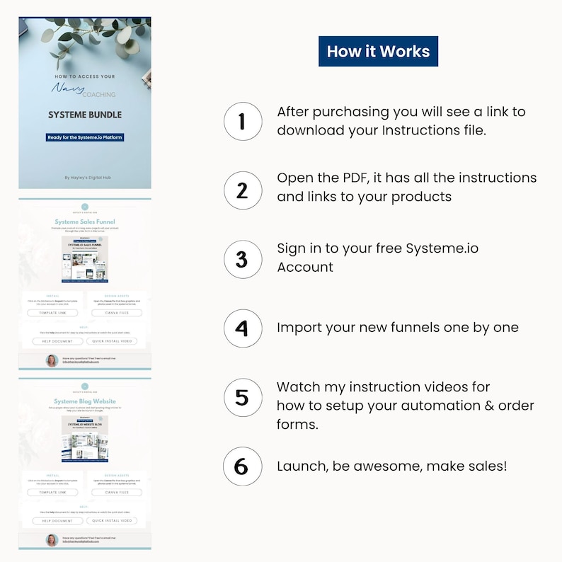 How it works guide for accessing and installing the Navy Coaching Systeme.io bundle. Includes numbered steps for downloading the PDF, logging in, importing funnels, watching setup videos, and launching. Features previews of instruction PDFs and sales funnel pages. Perfect for beginners using Systeme.io.