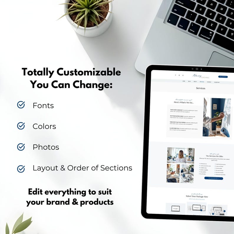 Customizable Systeme.io website template shown on a tablet in a modern flat-lay office scene with laptop and plant. Highlights editable fonts, colors, photos, and layout sections. Perfect for coaches, course creators, and digital product sellers wanting a fully editable Systeme.io website design.