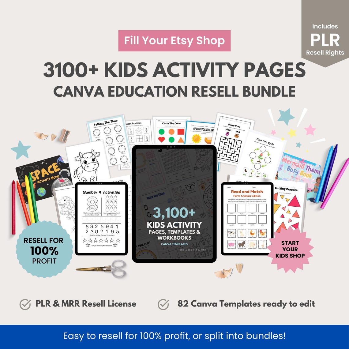 3100+ Kids Activity Page Bundle, Editable Canva Templates, Alphabet, Math, Coloring, Puzzles, PLR + Master Resell Rights MRR, Rebrand & Sell