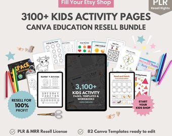 Paquete de más de 3100 páginas de actividades para niños, plantillas editables de Canva, alfabeto, matemáticas, colorear, rompecabezas, PLR + derechos de reventa maestra, MRR, cambio de marca y venta.