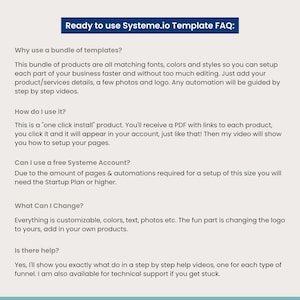 FAQ graphic explaining how the Systeme.io funnel bundle works, including one-click install, customization options, free vs paid Systeme.io plans, and step-by-step support. Designed in a clean beige layout with navy headers. Ideal for customers wanting clarity before purchasing Systeme.io templates.