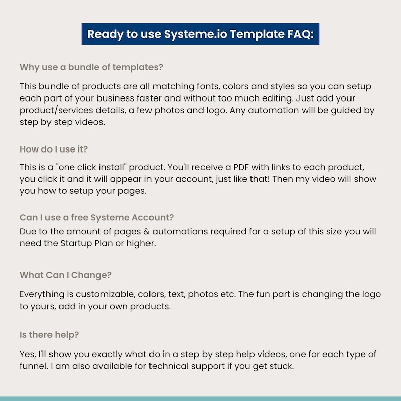 FAQ graphic explaining how the Systeme.io funnel bundle works, including one-click install, customization options, free vs paid Systeme.io plans, and step-by-step support. Designed in a clean beige layout with navy headers. Ideal for customers wanting clarity before purchasing Systeme.io templates.