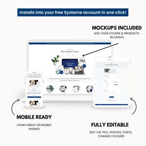 Systeme.io funnel mockup preview showing laptop, tablet, and mobile layouts in a clean coastal navy design. Highlights mobile-ready pages, Canva mockups for digital products, and fully editable text, photos, and colors. Ideal for coaches, course creators, and digital product sellers wanting a polished, professional Systeme.io template.