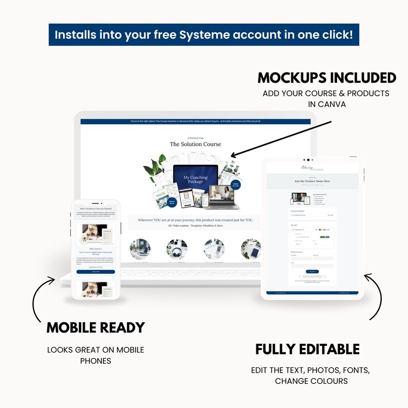 Systeme.io funnel mockup preview showing laptop, tablet, and mobile layouts in a clean coastal navy design. Highlights mobile-ready pages, Canva mockups for digital products, and fully editable text, photos, and colors. Ideal for coaches, course creators, and digital product sellers wanting a polished, professional Systeme.io template.