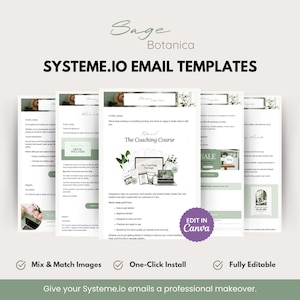 May include: A digital collection of Systeme.io email templates by Sage Botanica featuring a soft green and white color palette. The templates include text layouts, graphic elements, and a purple circular badge that reads Edit in Canva.