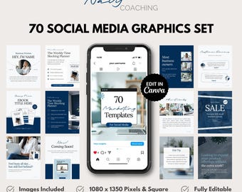 Canvaで作成された70種類のソーシャルメディアグラフィックテンプレート。ネイビーブルーのデザインで、Instagram、広告、マーケティングでデジタル製品を宣伝するのに役立ちます。