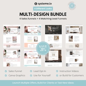 May include: A digital multi-design bundle for system.io featuring 4 sales funnels and 4 matching lead funnels. The graphic displays 8 website layout previews, a 21% savings badge, and a list of features including sales funnels, lead opt-ins, and instruction videos.