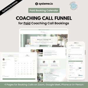 Puede incluir: Un gráfico de marketing digital que promociona un embudo de llamadas de coaching. La imagen muestra un sitio web, un calendario y una pantalla de teléfono móvil, todos mostrando información de reserva de llamadas. El texto incluye "Paid Booking Calendar" y "Coaching Call Funnel."