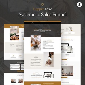 Modelo de funil Systeme.io, página de vendas de produtos digitais, página de destino, formulário de inscrição, formulário de pedido, upsell para cursos, design Systeme.io em marrom e preto