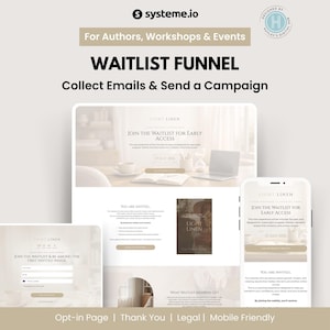 Op de afbeelding: Digitale marketingafbeelding die een wachtlijsttrechter voor auteurs en evenementen promoot. Het ontwerp bevat een website-indeling op een laptop en telefoon, met de tekst "E-mails verzamelen en een campagne verzenden."