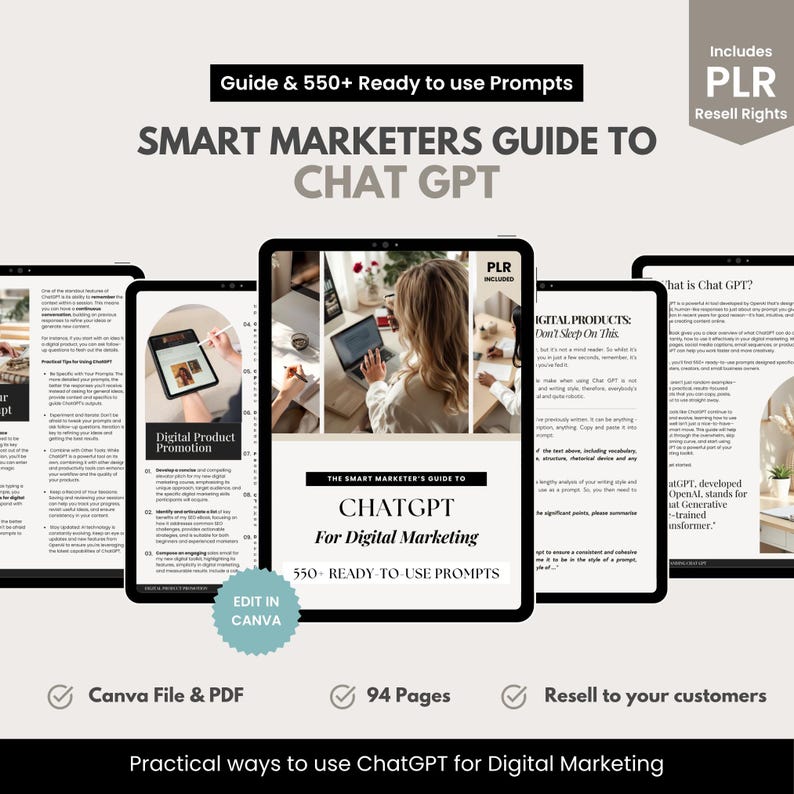 Smart Marketer’s Guide to ChatGPT for Digital Marketing – Editable Canva Template + 94-Page PDF with 550+ AI Content Prompts for Coaches, Online Entrepreneurs, and Social Media Managers | Includes PLR Resell Rights | Instant Download Digital Product to Help You Create Content Faster with ChatGPT