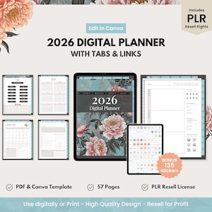Może przedstawiać: Cyfrowy planer na rok 2026 z zakładkami i linkami, z kwiatowym wzorem. Zawiera szablon PDF i Canva, 57 stron i 135 dodatkowych naklejek. Planer przeznaczony do użytku cyfrowego lub druku, z prawami do odsprzedaży PLR.