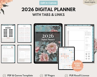 May include: A digital planner for 2026 with tabs and links, featuring a floral design. Includes a PDF and Canva template, 57 pages, and 135 bonus stickers. The planner is designed for digital use or printing, with PLR resell rights.