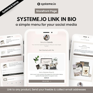 Neutral Sands länkmall i bio-tratt: Systeme.io Instagram-landningssida, gratisformulär och webbplats i Stan Store-stil för digital marknadsföring