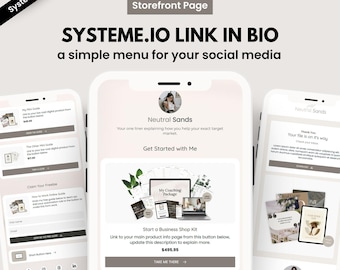 Könnte beinhalten: Eine digitale Marketing-Storefront-Seite, die auf drei Smartphones angezeigt wird. Die Seite enthält den Text "SYSTEME.IO LINK IN BIO" und "ein einfaches Menü für Ihre sozialen Medien". Die Seite enthält ein "Start a Business Shop Kit" und den Text "Link zu jedem Produkt, senden Sie Ihr Freebie und sammeln Sie E-Mail-Adressen."
