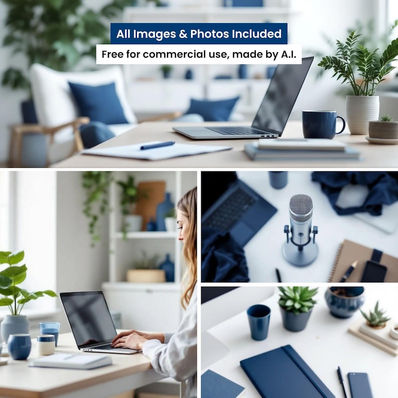 Collection of AI-generated office photos included with the Systeme.io template bundle. Features navy and white workspace scenes, laptops, microphones, plants, and minimal decor. Free for commercial use, ideal for coaching websites, digital product sales pages, and clean modern branding.