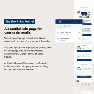 Systeme.io link in bio funnel template in a modern coastal design, showing a clean mobile-friendly links page for coaches and digital product sellers. Includes product buttons, thank you page preview, email opt-in form, and minimalist beige and navy layout. Perfect for social media storefronts and affiliate link hubs.