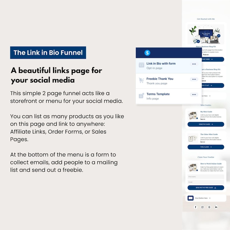 Systeme.io link in bio funnel template in a modern coastal design, showing a clean mobile-friendly links page for coaches and digital product sellers. Includes product buttons, thank you page preview, email opt-in form, and minimalist beige and navy layout. Perfect for social media storefronts and affiliate link hubs.