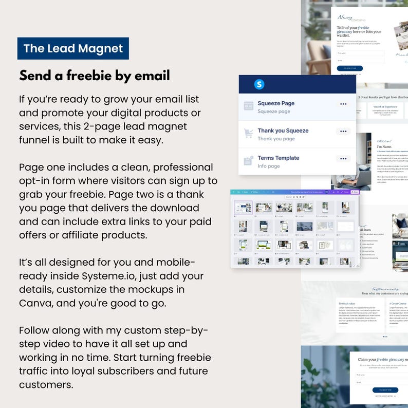 Lead magnet funnel template for Systeme.io featuring a clean squeeze page, thank you page, and terms page in a soft navy and beige coaching style. Includes Canva mockups and a step-by-step setup video. Designed for growing an email list, sending freebies, and promoting digital products for coaches and small business owners.