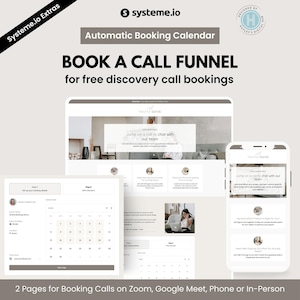 Pode incluir: Imagem promocional de uma ferramenta de marketing digital com o texto "BOOK A CALL FUNNEL" e "Automatic Booking Calendar". O design inclui maquetes de sites e aplicativos móveis que exibem páginas de agendamento de chamadas. O logotipo Systeme.io é visível.