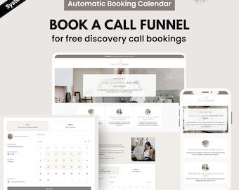 Op de afbeelding: Afbeelding van een digitaal marketingtool met de tekst "BOOK A CALL FUNNEL" en "Automatic Booking Calendar". Het ontwerp bevat website- en mobiele app-modellen die pagina's voor het boeken van oproepen weergeven. Het Systeme.io-logo is zichtbaar.