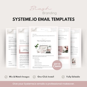 May include: A set of Systeme.io email templates featuring blush branding, text layouts, and graphic elements. The templates include placeholders for logos, images, and text, with a circular badge stating Edit in Canva. Features include mix and match images, one-click install, and fully editable designs.