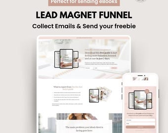 May include: A digital marketing graphic promoting a lead magnet funnel. The design features a website and a mobile phone displaying a landing page. Text includes "Collect Emails & Send your freebie" and "Download this free guide".