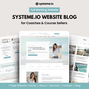 May include: A website mockup for a coaching business called Coastal Coaching. The website features a light blue and white color scheme with a beach background. The text on the website says "Coaching that provides real results without breaking the bank!" and "I'm Your Name."