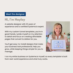 Meet the designer graphic featuring Hayley, a certified Systeme.io expert and website designer with 22 years of experience. She holds her Systeme.io completion certificate and stands beside a clean coastal workspace. Ideal for Etsy listings promoting professional Systeme.io funnel templates for coaches and digital product businesses.